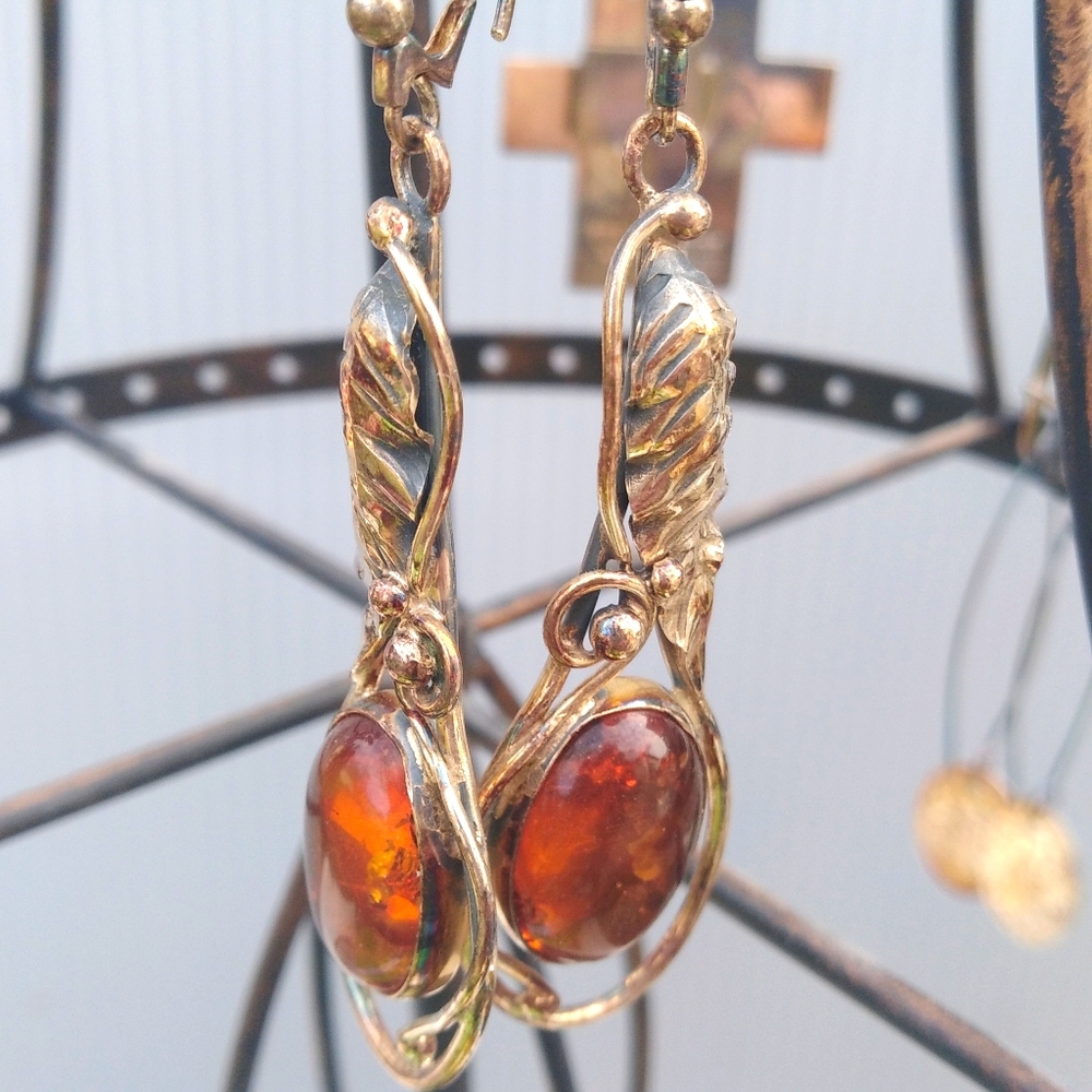 925 SOLID Sterling Silver & Baltic Amber EARRINGS